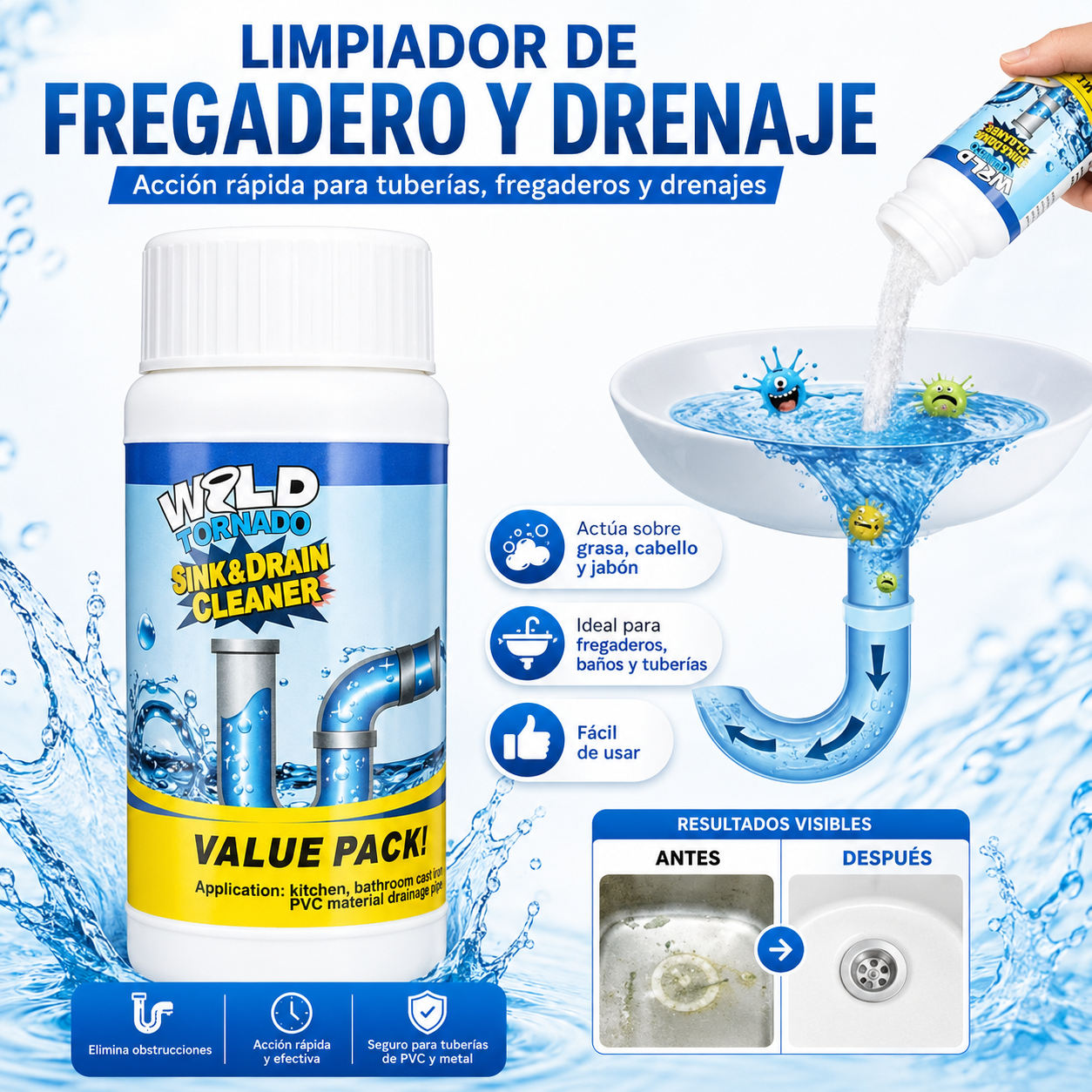 💥 PACK DE 3 – POTENTE LIMPIADOR DE FREGADERO Y DRENAJE 💦