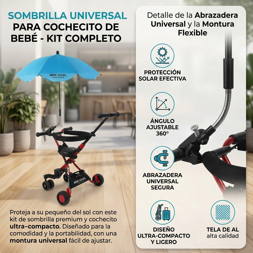 Sombrilla / Paraguas para Coche de Bebé con Filtro UV 50+ – Protección Total 80 cm Plateada Negra