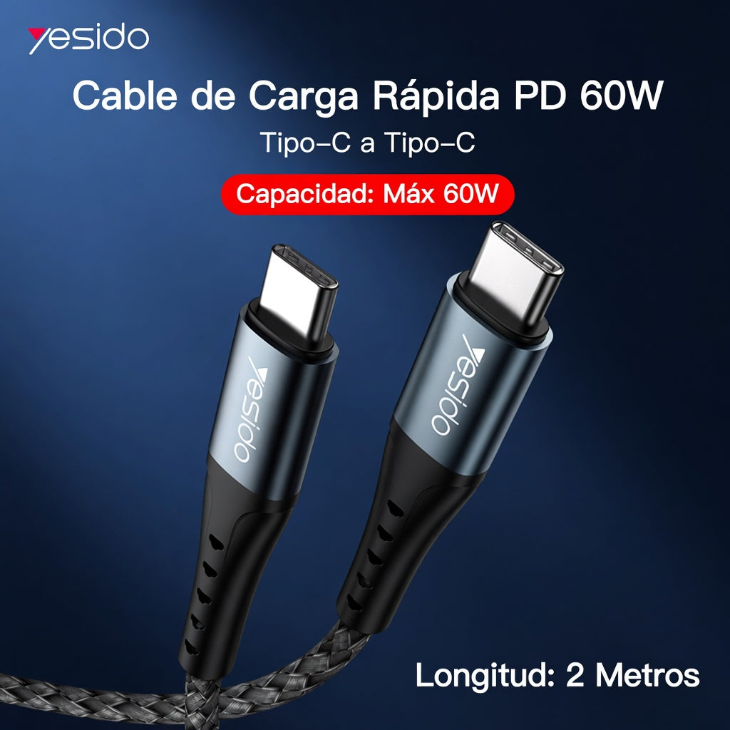 Cable USB-C Yesido CA67 2m - Carga Rápida 60W + Datos