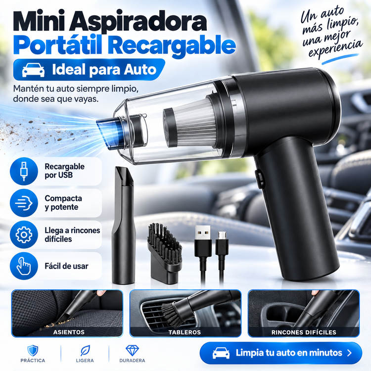 🚗✨ Mini Aspiradora Portátil Recargable Inalámbrica para Auto y Hogar