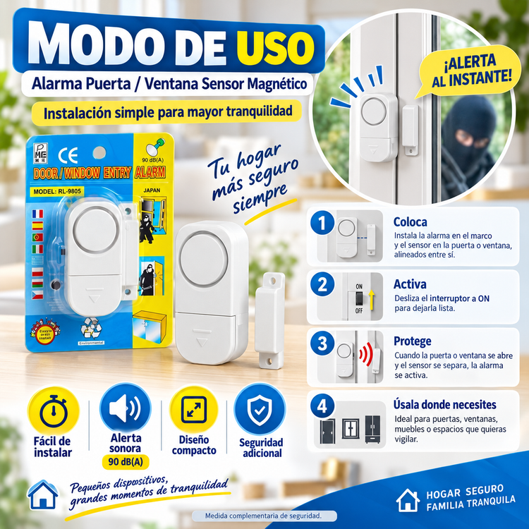 🚨 Alarma para Puerta y Ventana con Sensor Magnético – 90dB de Seguridad