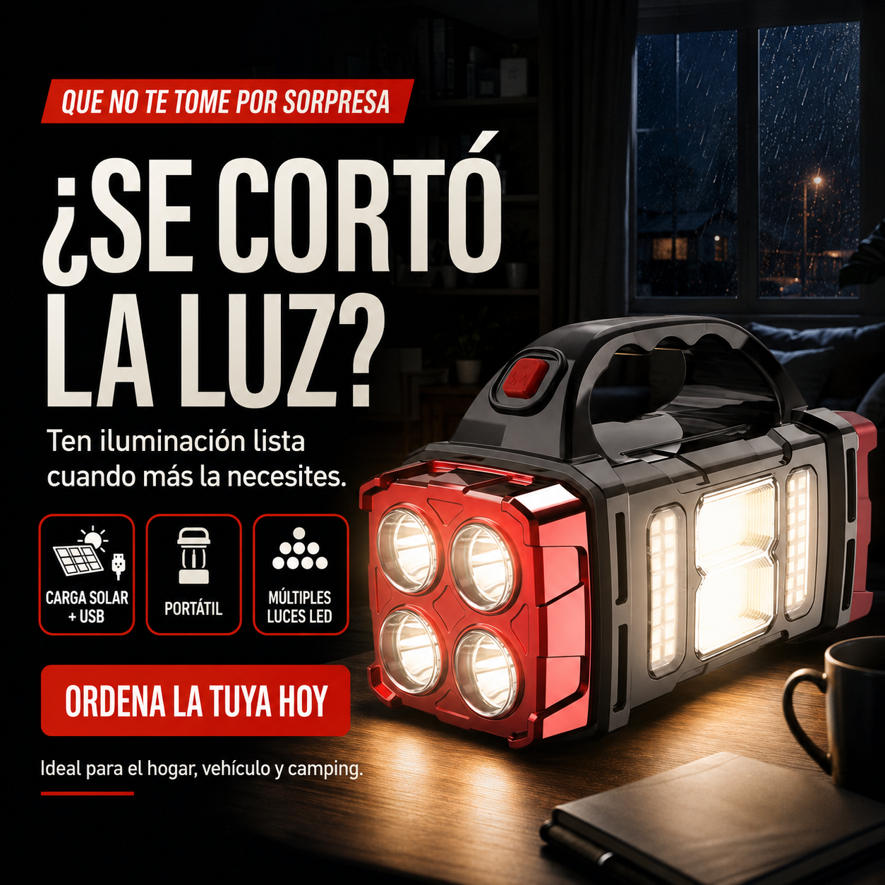 Linterna LED Solar Recargable USB | Portátil para Emergencias, Camping y Hogar
