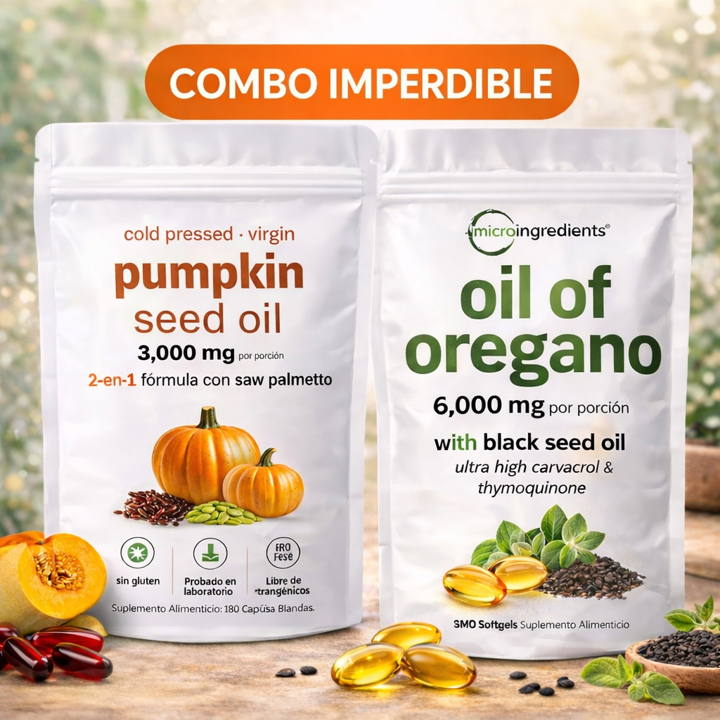 Combo Capilar e Inmunidad – Aceite de Semilla de Calabaza con Saw Palmetto + Aceite de Hoja de Orégano