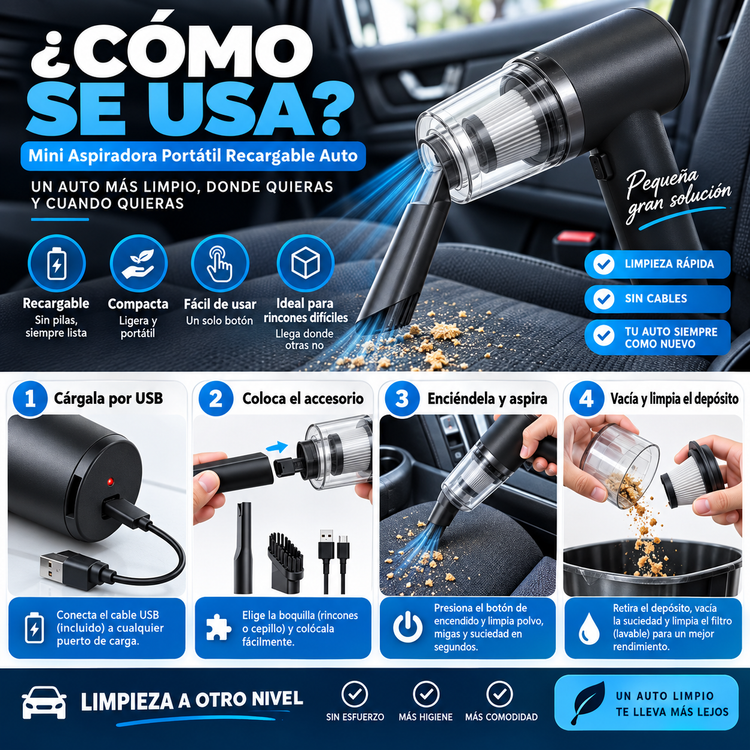 🚗✨ Mini Aspiradora Portátil Recargable Inalámbrica para Auto y Hogar