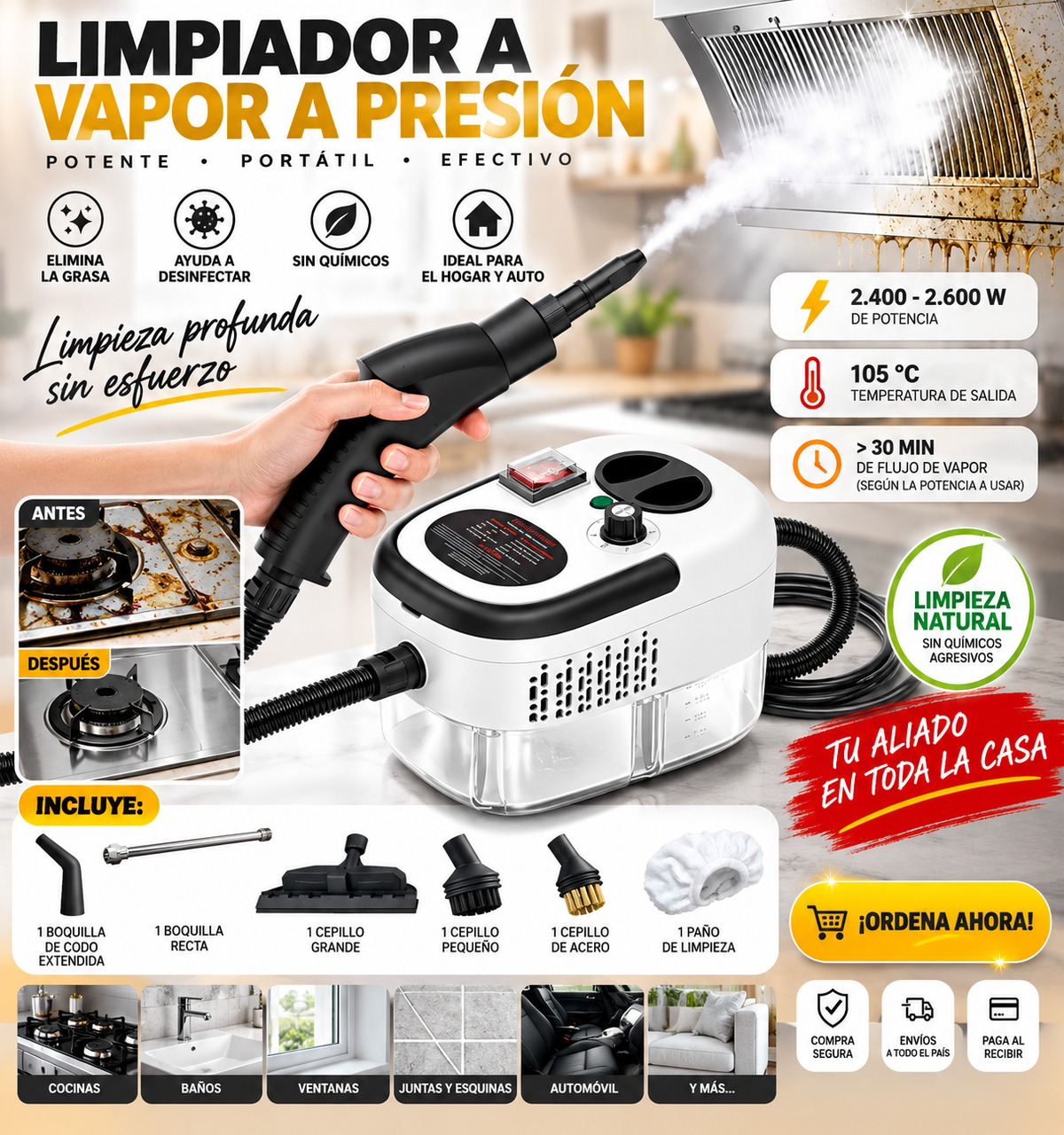 🔥 Limpiador de Vapor Portátil 2500W Semi Profesional - Limpieza Profunda sin Productos Químicos