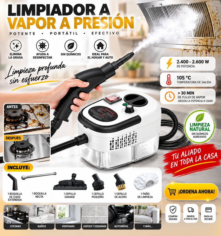 🔥 Limpiador de Vapor Portátil 2500W Semi Profesional - Limpieza Profunda sin Productos Químicos