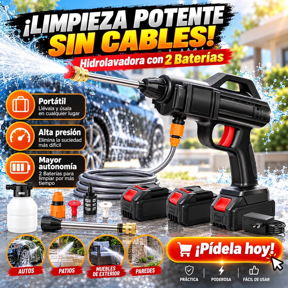 💦 Hidrolavadora Inalámbrica con 2 Baterías | Potente, Portátil y Fácil de Usar ⚡