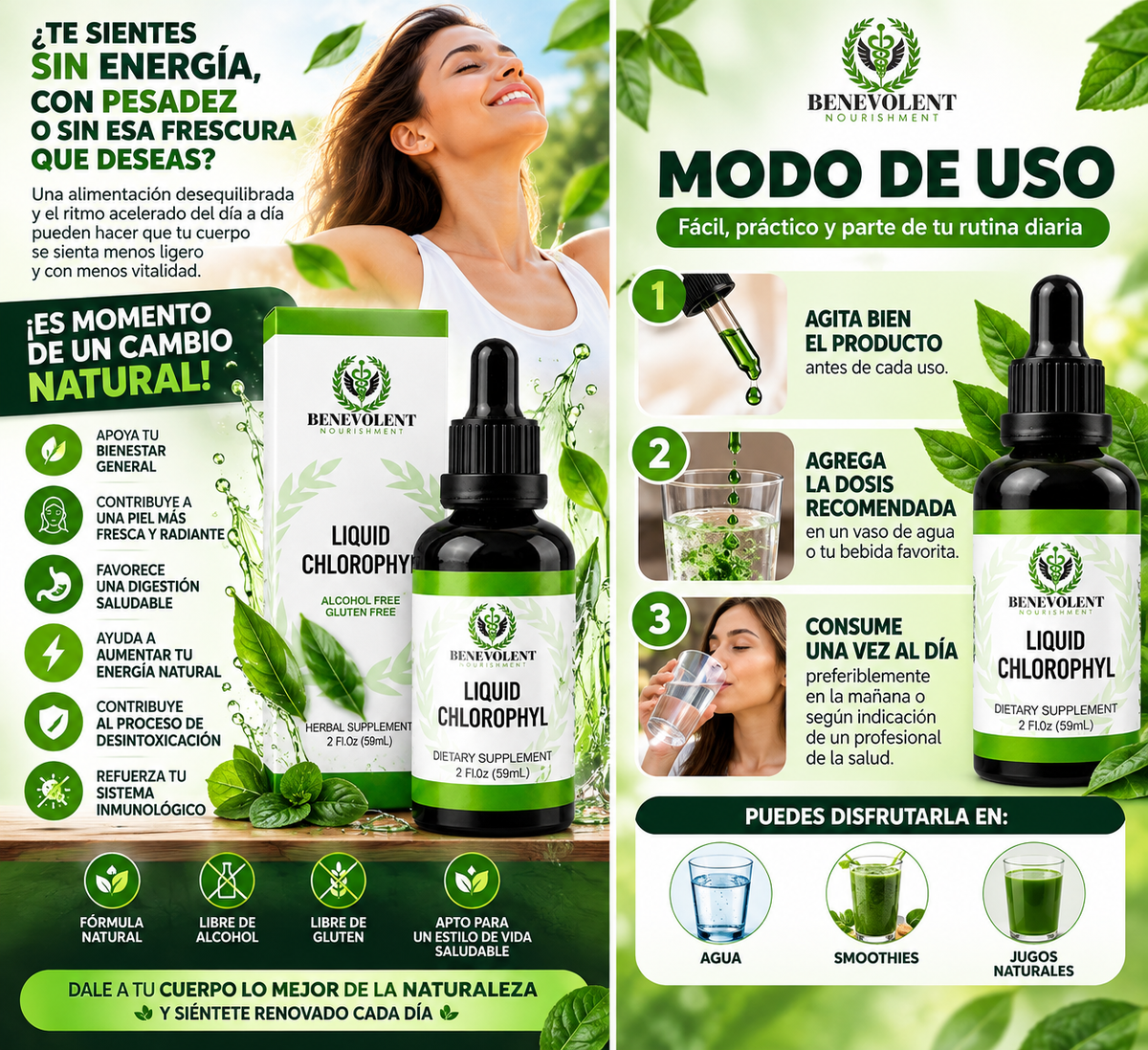 🌿 Clorofila Líquida Benevolent 59 ml | Suplemento Natural Sin Alcohol y Sin Gluten 💚