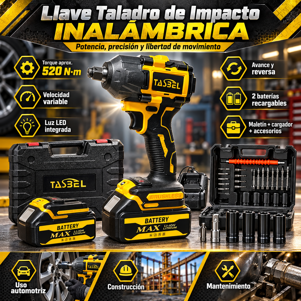 🔧 Llave Taladro de Impacto Inalámbrica con Accesorios – Potencia y Control en Cada Trabajo