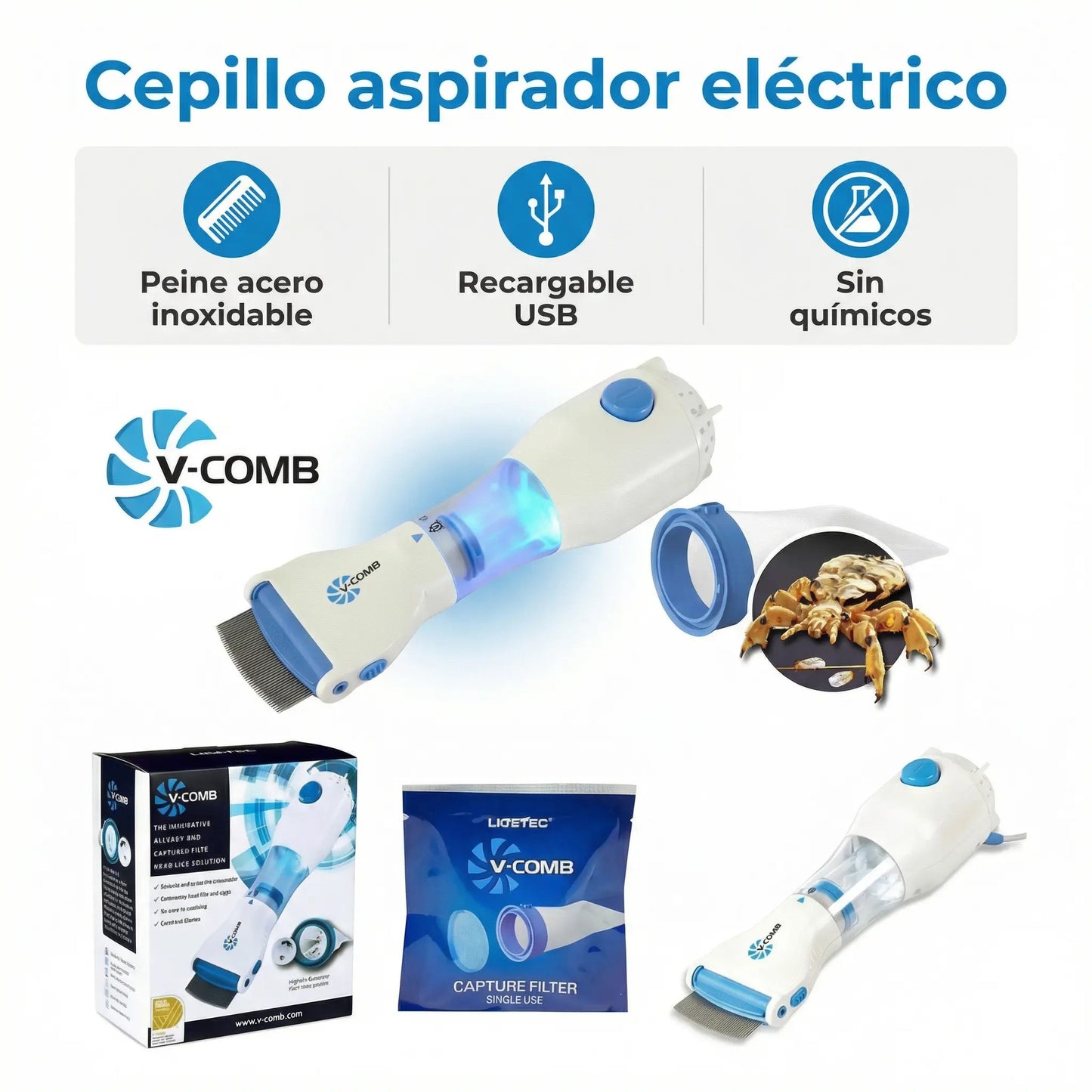 Cepillo Aspirador Saca Piojos Liendres - Eléctrico Sin Químicos USB
