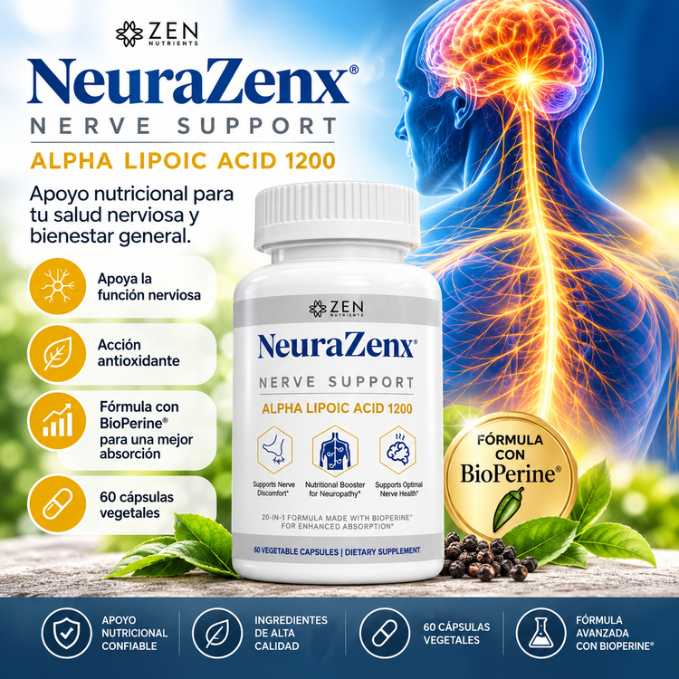 🧠 NeuraZenx – Apoyo para la Salud Nerviosa | Ácido Alfa Lipoico 600 | 60 Cápsulas