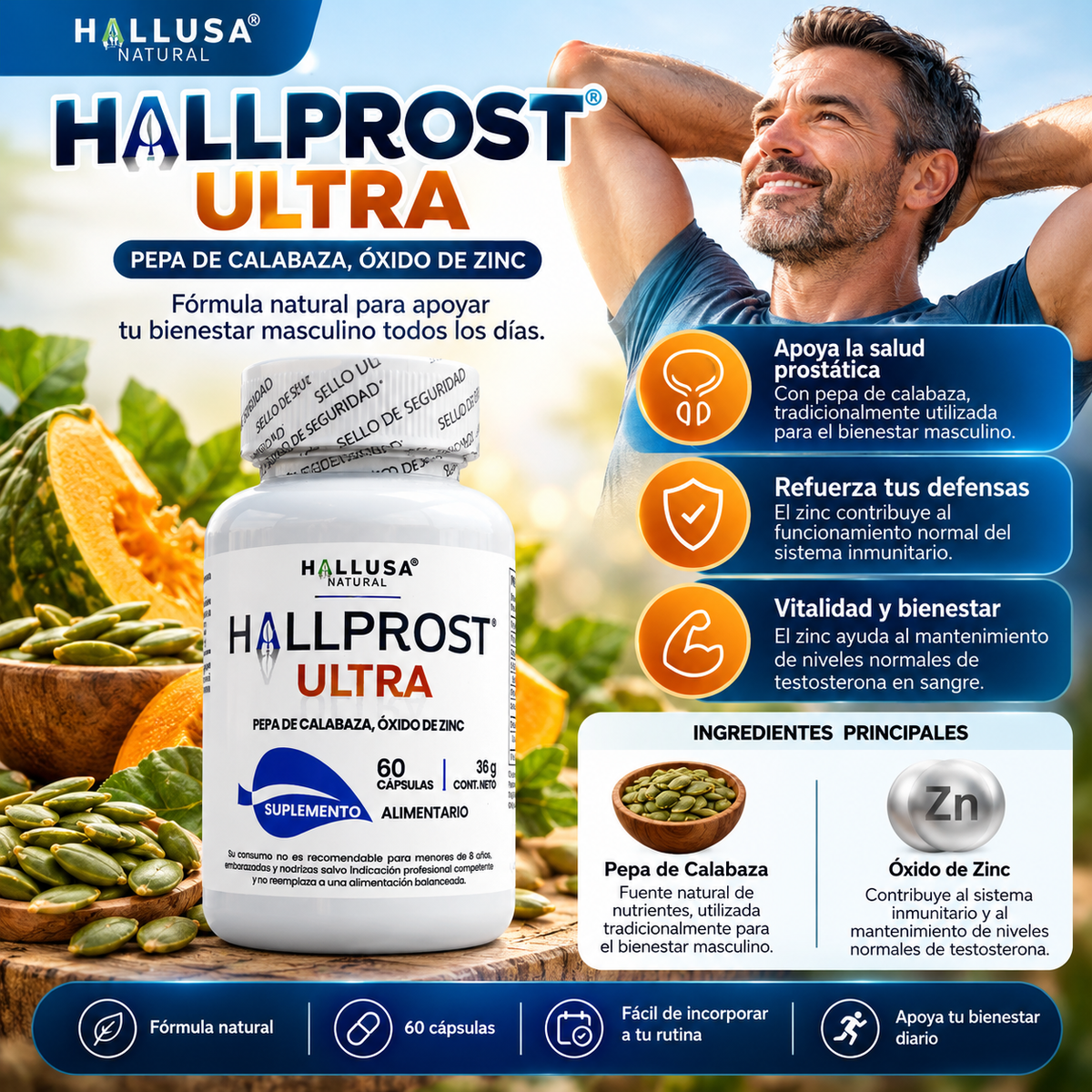 💙 Hallprost Ultra X60 Cápsulas – Suplemento Masculino con Pepa de Calabaza y Zinc 🌿
