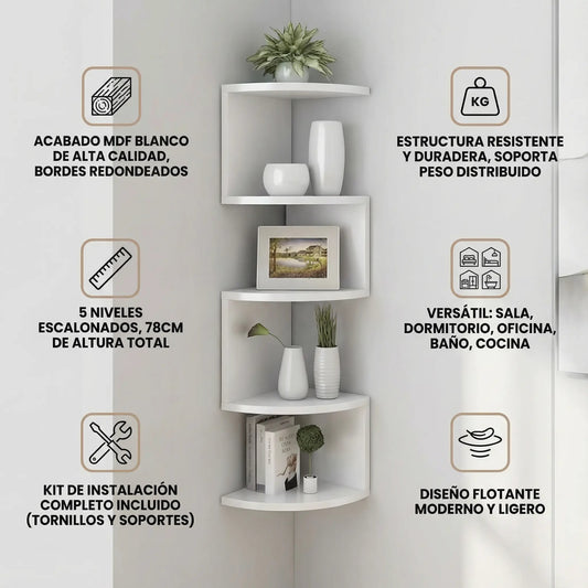 "Esquinero Flotante 5 Niveles MDF Blanco 78cm | Repisa Decorativa de Pared"