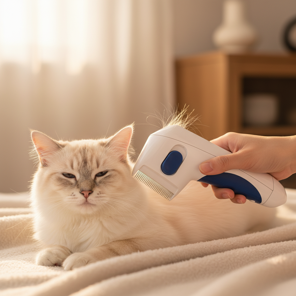 Cepillo eléctrico antipulgas en uso con mascota