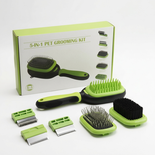 Kit de Aseo para Mascotas 5 en 1 – Cepillos y Peines Intercambiables para Perros y Gatos