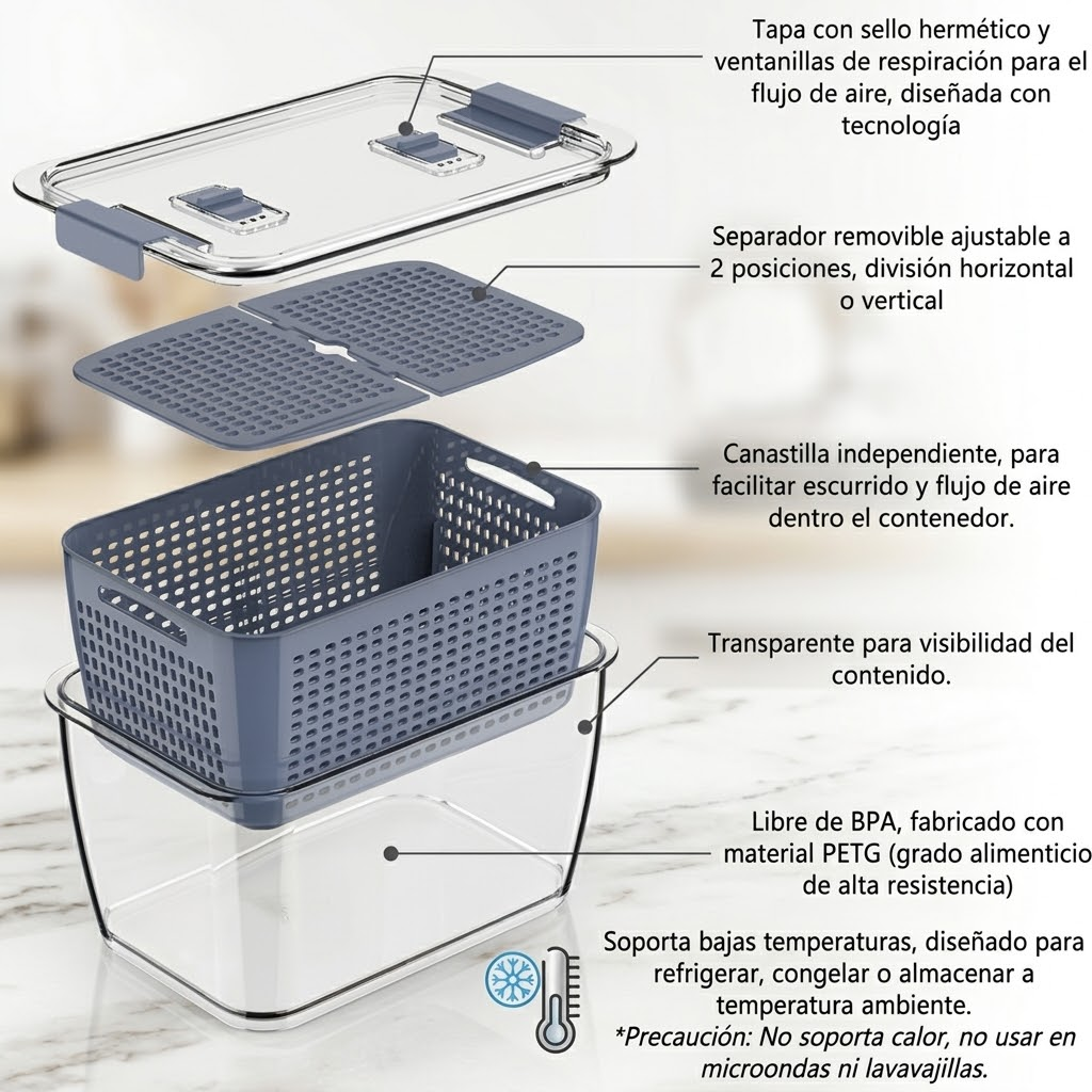 Set 3 Contenedores Organizadores para Refrigerador PETG - 0.5L + 1.7L + 4.5L con Ventilación y Colador