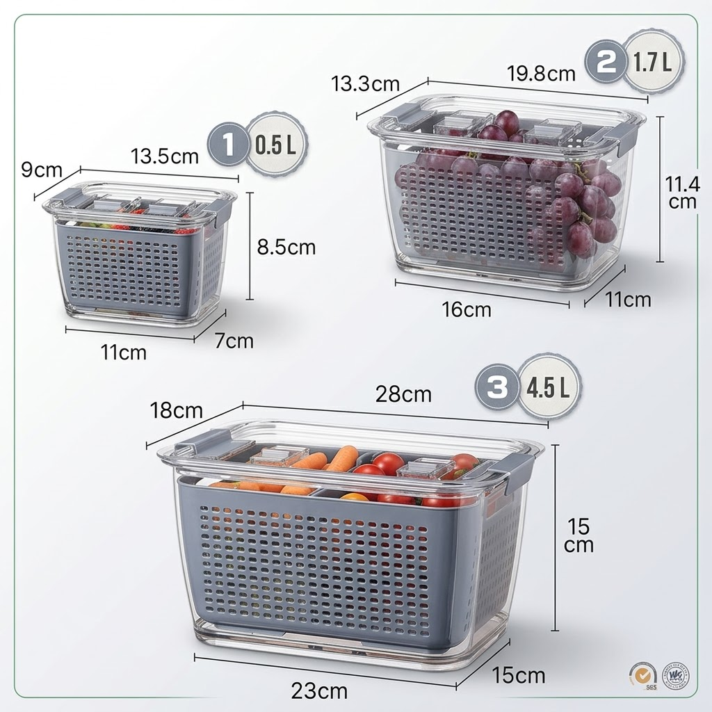 Set 3 Contenedores Organizadores para Refrigerador PETG - 0.5L + 1.7L + 4.5L con Ventilación y Colador