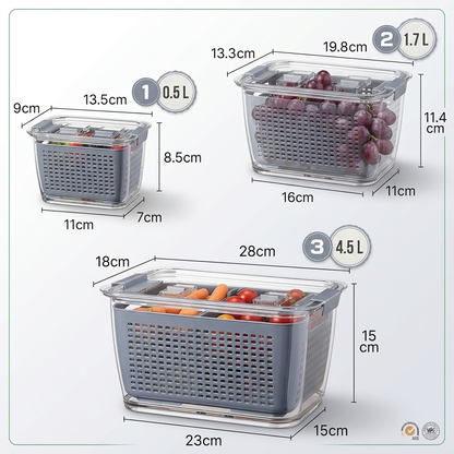 Set 3 Contenedores Organizadores para Refrigerador PETG - 0.5L + 1.7L + 4.5L con Ventilación y Colador