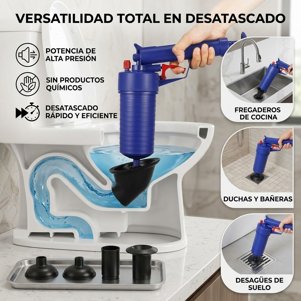 Pistola Destapa Baño y Desagües - Desobstructor de Alta Presión con 3 Adaptadores