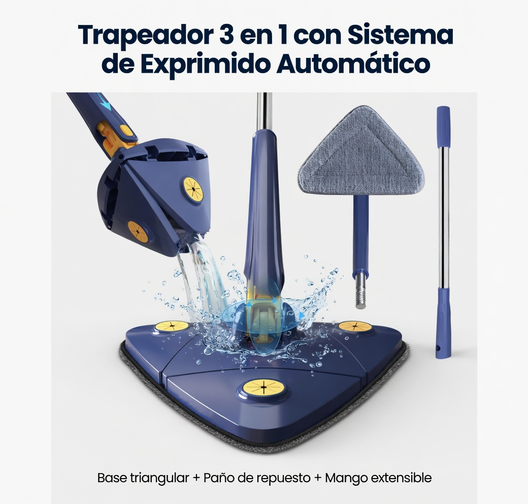 Trapeador Giratoria Triangular con Exprimidor Automático – Limpieza Profunda sin Esfuerzo