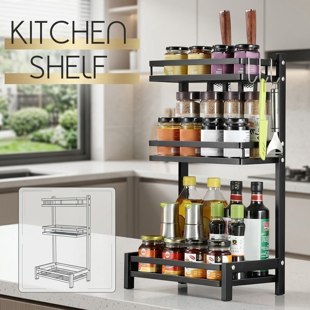 Organizador Rack de 3 Niveles para Cocina – Negro ✨
