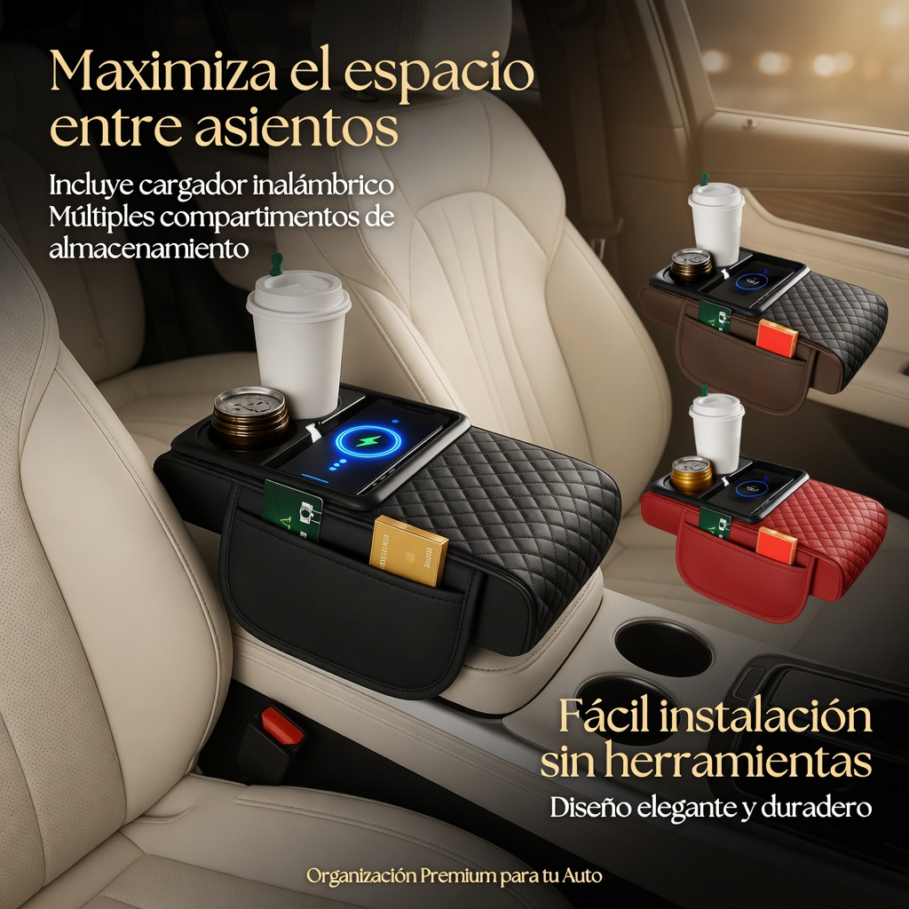 Reposabrazos para Auto de Cuero - Soporte Cómodo + Organizador 3 en 1