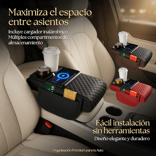 Reposabrazos para Auto de Cuero - Soporte Cómodo + Organizador 3 en 1