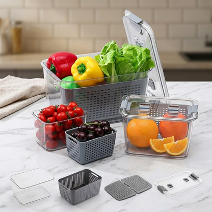 Set 3 Contenedores Organizadores para Refrigerador PETG - 0.5L + 1.7L + 4.5L con Ventilación y Colador