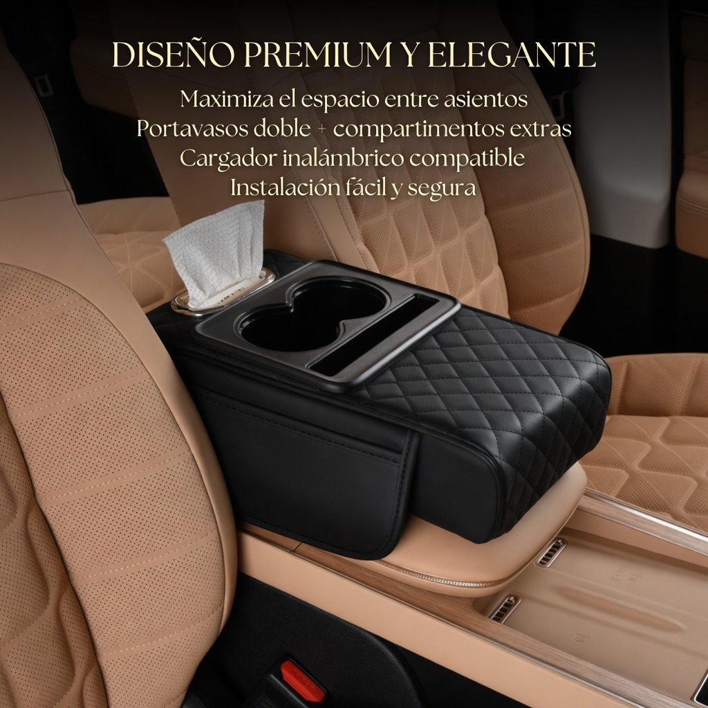 Reposabrazos para Auto de Cuero - Soporte Cómodo + Organizador 3 en 1