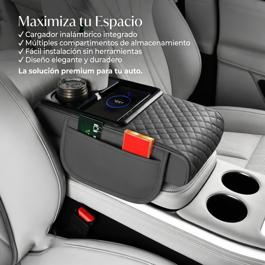Reposabrazos para Auto de Cuero - Soporte Cómodo + Organizador 3 en 1