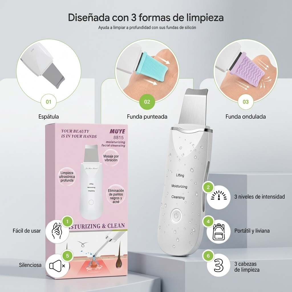Paleta Ultrasónica Facial Muye 8815 – Limpieza Profunda, Peeling y Lifting