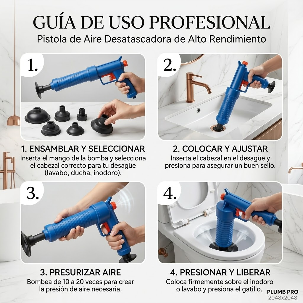 Pistola Destapa Baño y Desagües - Desobstructor de Alta Presión con 3 Adaptadores