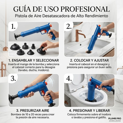 Pistola Destapa Baño y Desagües - Desobstructor de Alta Presión con 3 Adaptadores