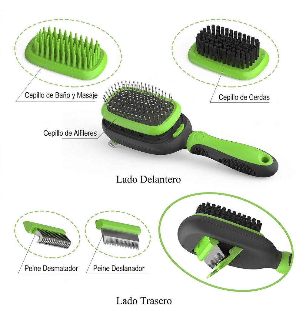 Kit de Aseo para Mascotas 5 en 1 – Cepillos y Peines Intercambiables para Perros y Gatos