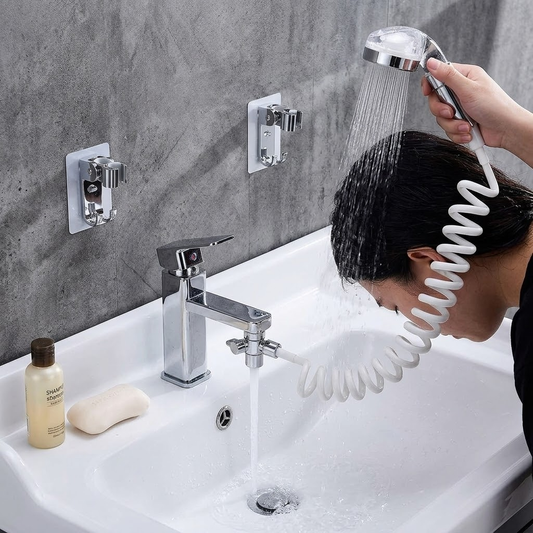 "EcoWash Extensor de Grifo Ducha Portátil 1.5m + Cabezal Mano + Soporte | Convierte Tu Lavabo en Ducha Fácil"