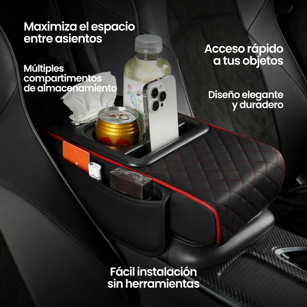 Reposabrazos para Auto de Cuero - Soporte Cómodo + Organizador 3 en 1