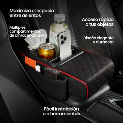 Reposabrazos para Auto de Cuero - Soporte Cómodo + Organizador 3 en 1