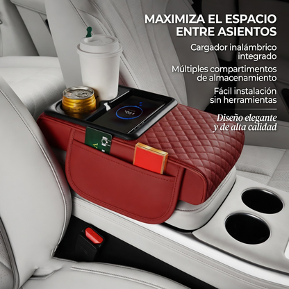 Reposabrazos para Auto de Cuero - Soporte Cómodo + Organizador 3 en 1