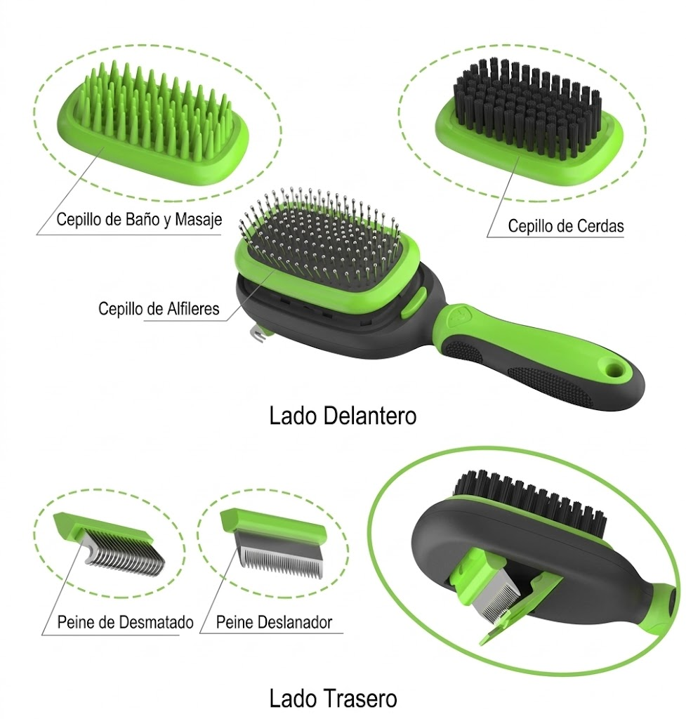 Kit de Aseo para Mascotas 5 en 1 – Cepillos y Peines Intercambiables para Perros y Gatos