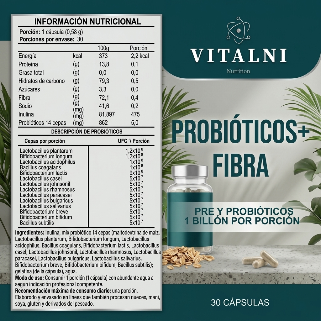 Suplemento Probióticos Inulina Vitalni 14 Cepas 1.000M UFC | Equilibra Microbiota y Reduce Gases