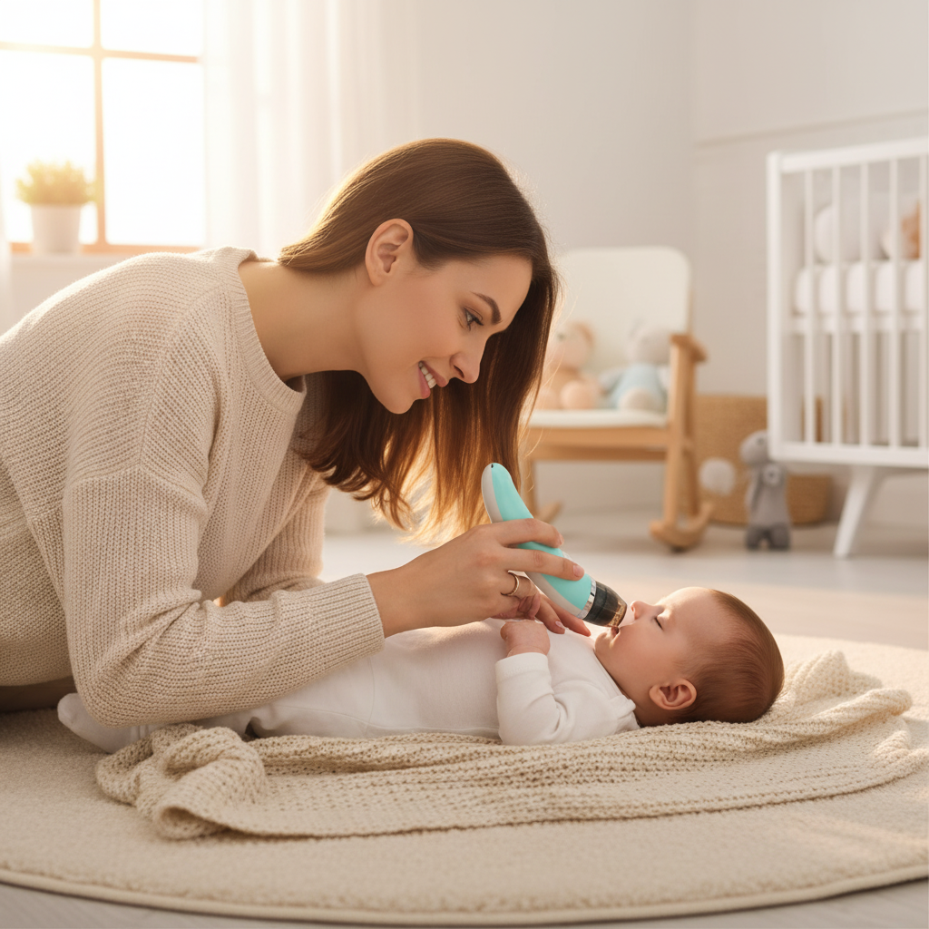 Mamá usando aspirador nasal con bebé