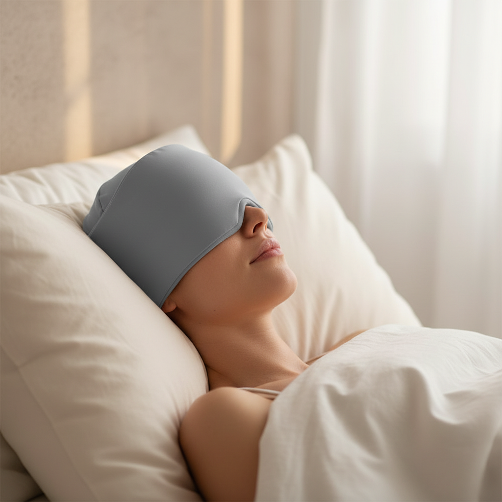 Persona usando gorro anti migraña - versión limpia