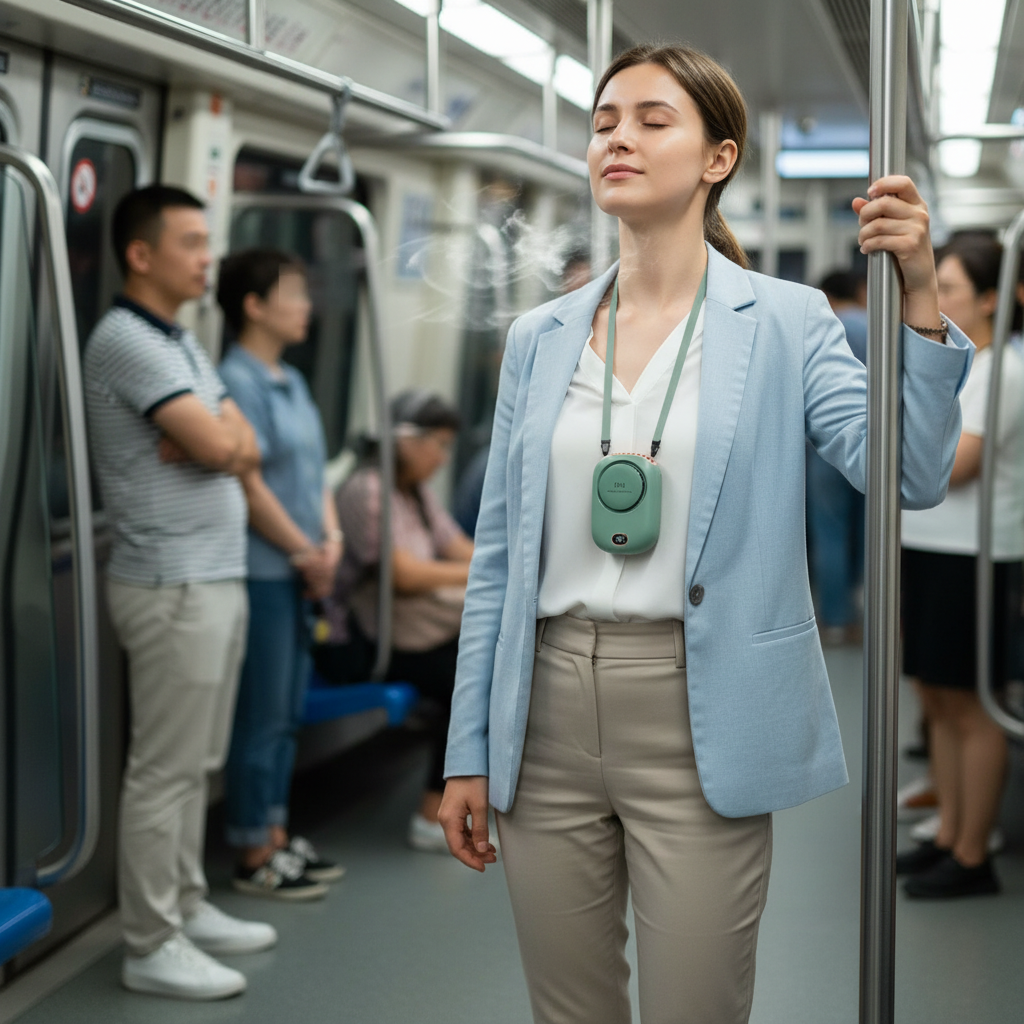 Persona usando ventilador portátil compacto en el metro