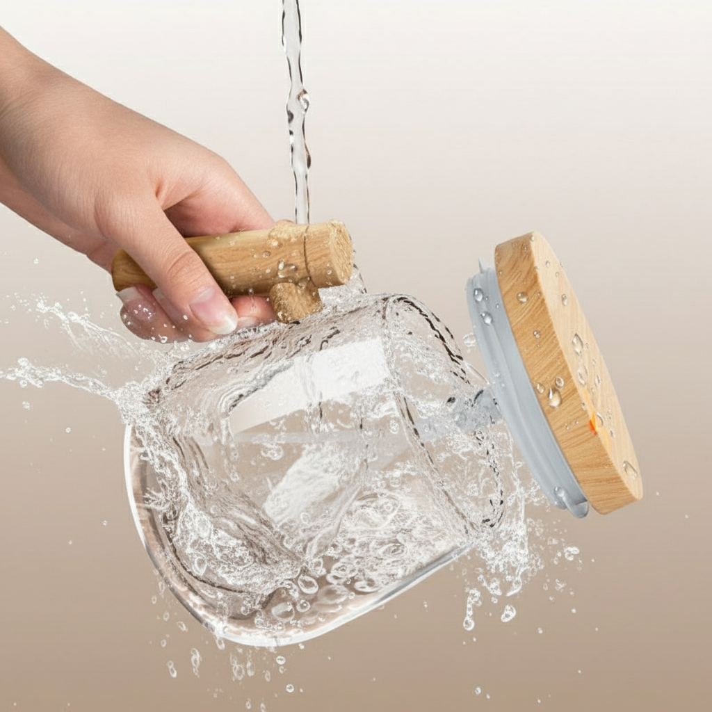 Taza de vidrio con mango de madera - Lavable